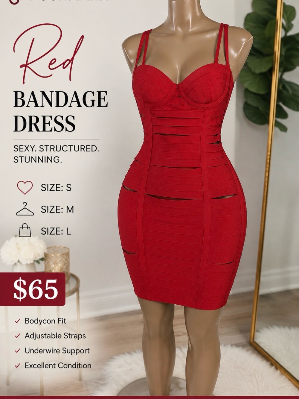 Red Bandage Bodycon Mini Dress with Underwire Support